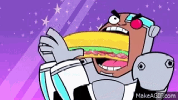 a cartoon character is eating a sandwich with a cherry on his eye .