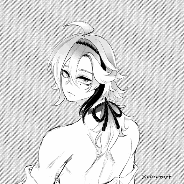 a black and white drawing of a girl with long hair and a headband on her head .