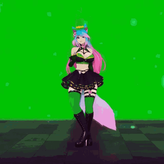 a girl with pink hair and a white tail is standing in front of a green background .