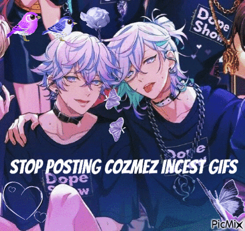 a picture of two anime characters with the words stop posting cozmez incest gifs on the bottom