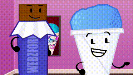 a chocolate bar and a shaved ice cone are standing next to each other and smiling .