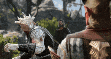 a man with a spear stands next to a monster with horns