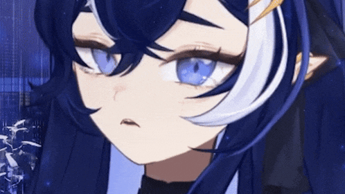 a close up of a anime girl with blue hair and white stripes