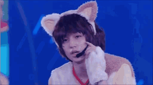 a person wearing a cat costume with ears and a microphone on their head .