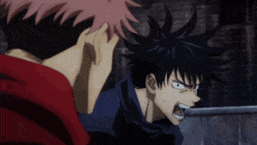 two anime characters are standing next to each other and looking at each other