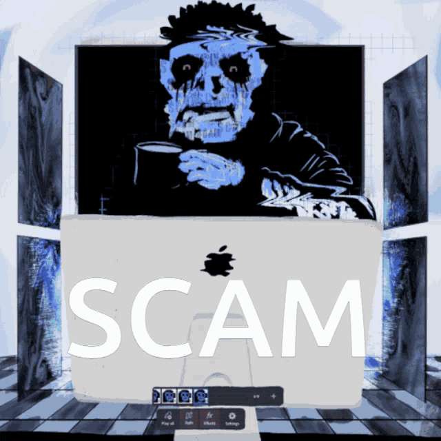 a computer monitor with a picture of a skeleton on it and the word scam below it