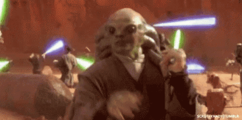 a cartoon character is singing into a microphone while holding a donut and a light saber .