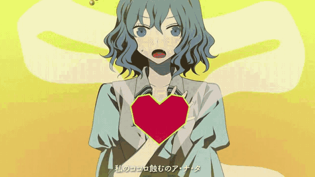 a girl with blue hair holds a heart in her hands