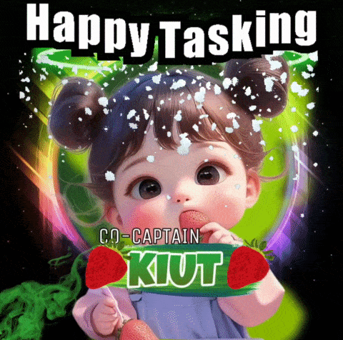 a picture of a little girl eating strawberries with the words happy tasking co-captain kut