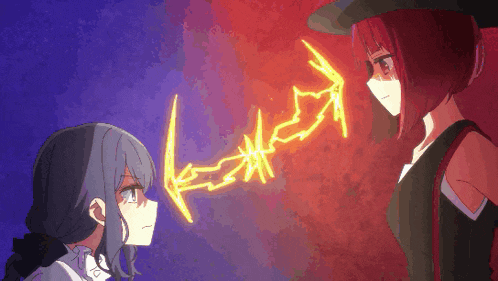two anime girls are standing next to each other with a lightning bolt coming out of their eyes