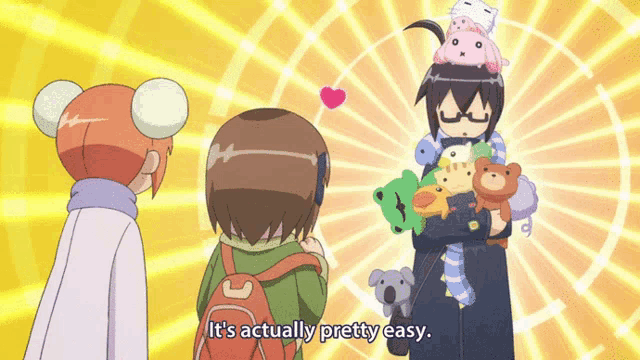 a cartoon of a girl holding stuffed animals with the words it 's actually pretty easy