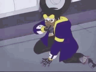 a cartoon character wearing a purple jacket and yellow hoodie is kneeling on the ground .