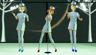 three nurses are standing in front of a microphone and one has a syringe in her hand