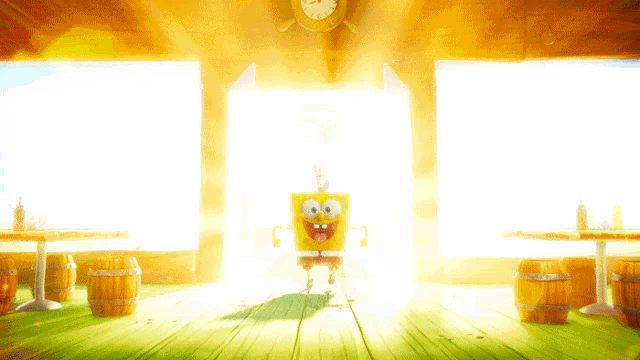 spongebob squarepants is standing in a room with a clock on the wall