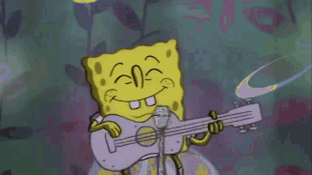 spongebob is holding a guitar and singing into a microphone
