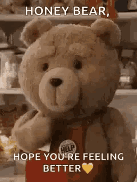 a teddy bear is wearing a red apron and saying `` honey bear , hope you are feeling better '' .