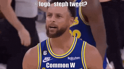 a basketball player with a beard is wearing a blue and yellow jersey with the word common w on it .