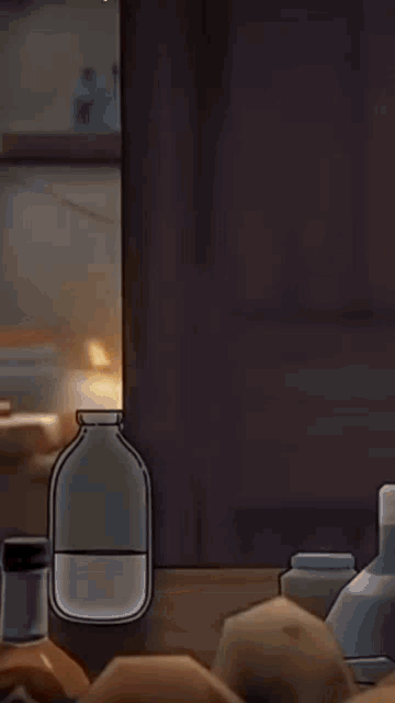 a cartoon drawing of a bottle of water in a kitchen