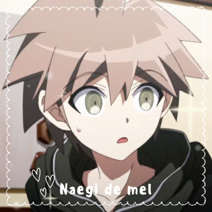 a close up of a anime character with the words naegi de mel written on the bottom