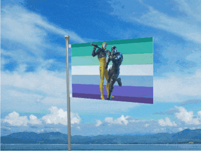 a flag with a picture of two people on it is flying in the wind