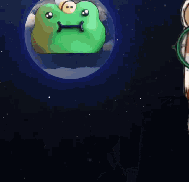 a frog with a bee on its head is floating in a bubble next to a cow wearing glasses