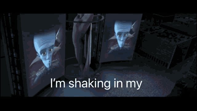 a cartoon scene with the words i 'm shaking in my at the top
