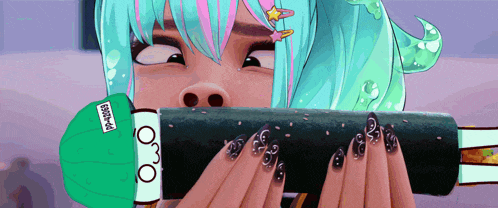 a girl with long nails is holding a sushi roll with a green hat that says ' spongebob ' on it