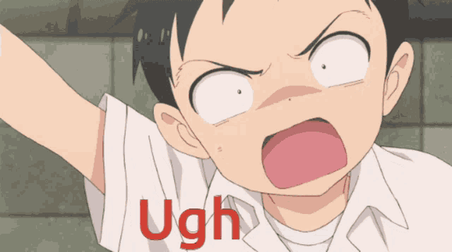 a cartoon character with a surprised look on his face and the word ugh above him