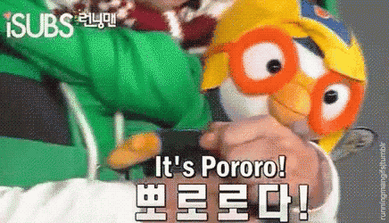 a person wearing a penguin mask says it 's pororo in korean