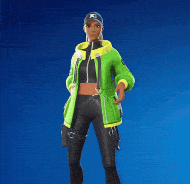 a woman in a green and yellow jacket is holding a guitar