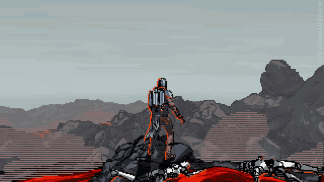 a pixel art of a man standing on a rock in front of a city