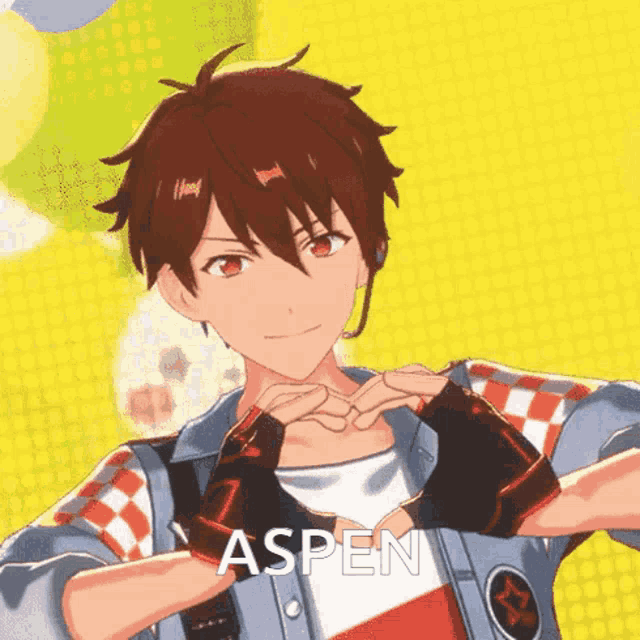 an anime character named aspen is making a heart shape with his hands .