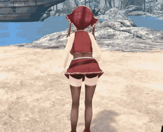 a girl with red hair is standing on a sandy beach