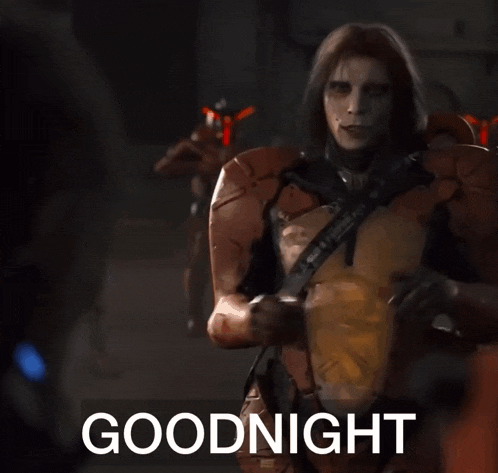 a video game character says " goodnight " in front of a dark background