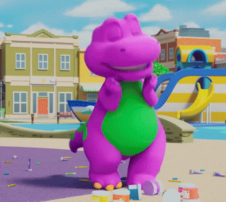 a purple dinosaur with a green belly is standing in front of a building with the letter a on it