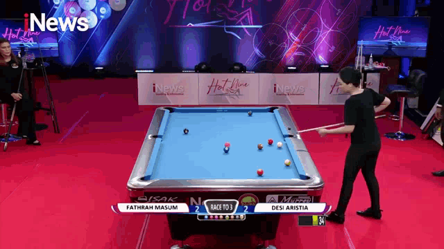 a pool table with a sign that says ' inews ' on it