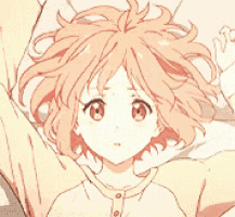 a close up of a girl with pink hair and red eyes
