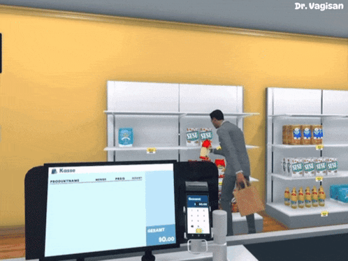 a computer screen shows a man standing in front of a shelf that says kasse