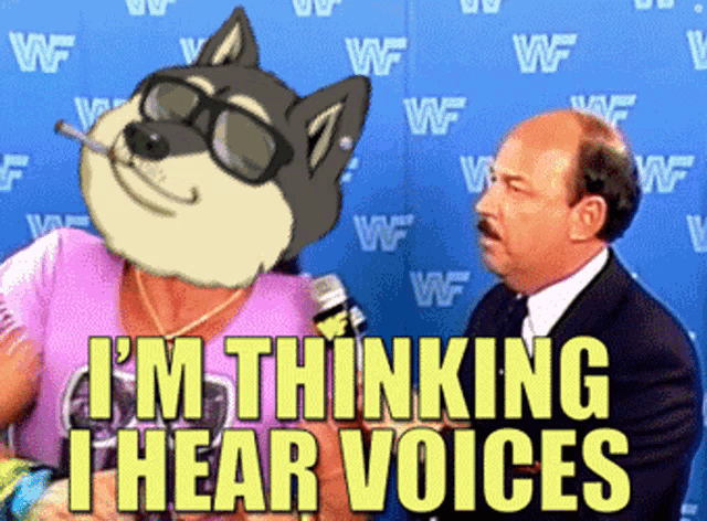 a cartoon of a wolf smoking a cigarette with the words i 'm thinking i hear voices