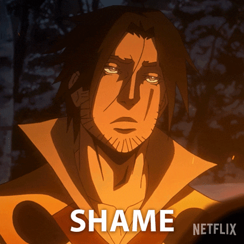 a cartoon of a man with the word shame written on it