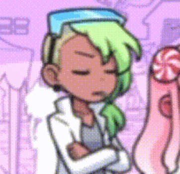 a cartoon character with green hair and a blue hat