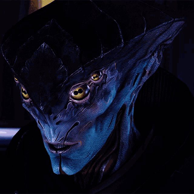 a blue alien with yellow eyes and a black collar