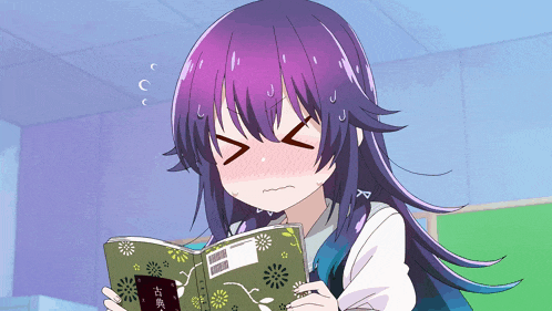 a girl with purple hair is reading a book with chinese characters on the cover