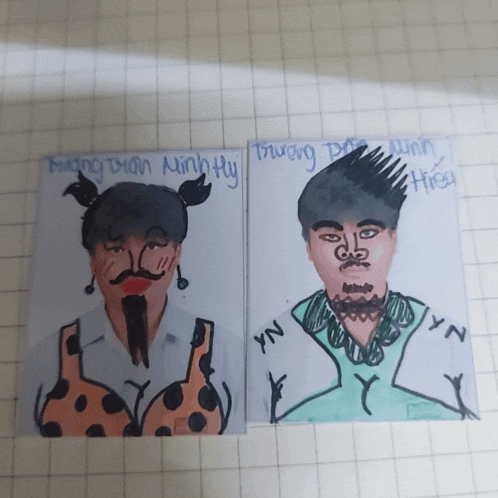 two drawings of a man with a beard and a girl with pigtails are on a grid paper