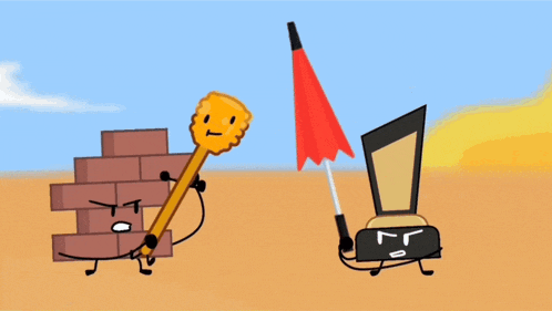 a cartoon drawing of a pencil shooting a flame at a brick