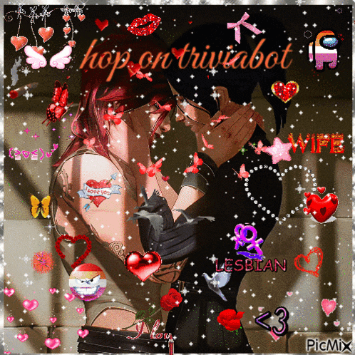 a picture of two women hugging with the words hop on triviabot written on the bottom