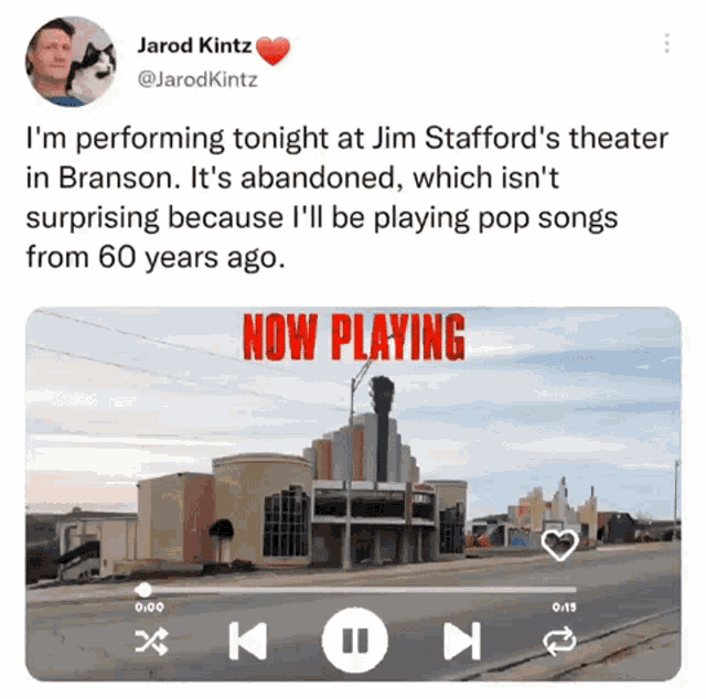 a tweet from jarod kintz shows him performing at jim stafford 's theater