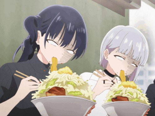 two anime girls are eating a large bowl of noodles