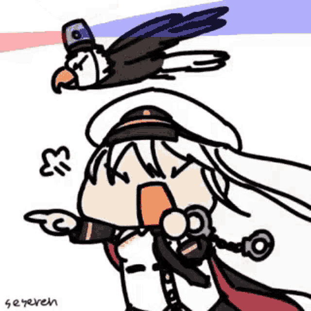 a cartoon of a girl in a military uniform standing next to an eagle flying over her head .