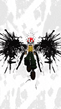 a drawing of a person with wings and a gun in their hand